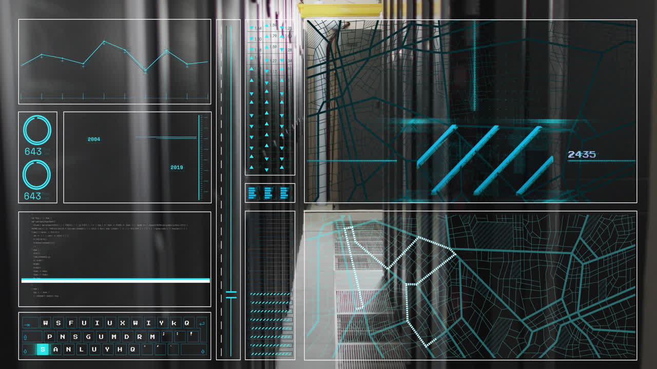 Animation of interface with data processing against computer server room