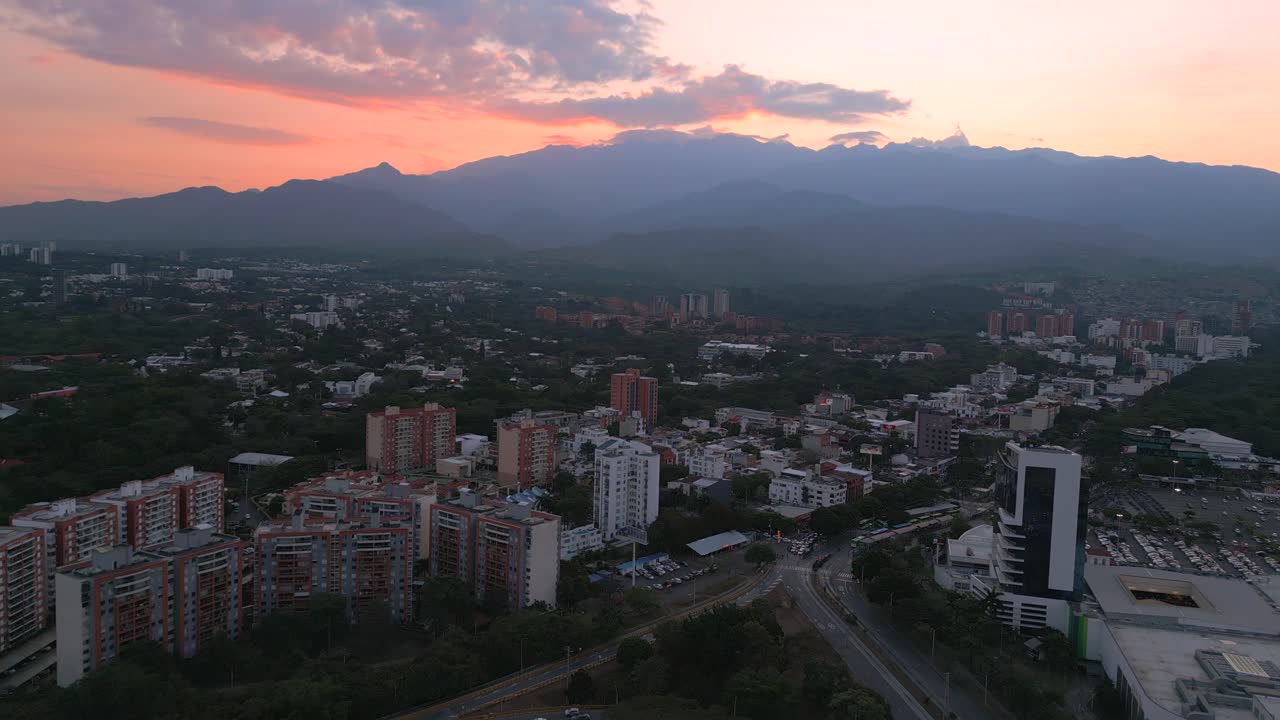 Aerial View Ciudad Jardin at Sunset. Pull Back Shot