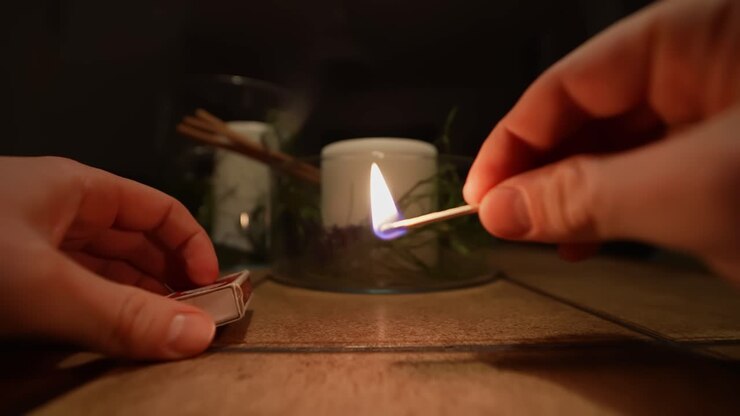 Slowmotion-nærbillede af hænder, der stryger en tændstik, klar flamme og drivende røg i varmt lys – koncept for nødsituation, indendørs, sikkerhed og antændelse