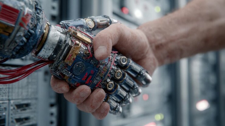 Un incontro ravvicinato tra umanità e tecnologia: una mano robotica elaborata che stringe la mano a una mano umana in un ambiente futuristico