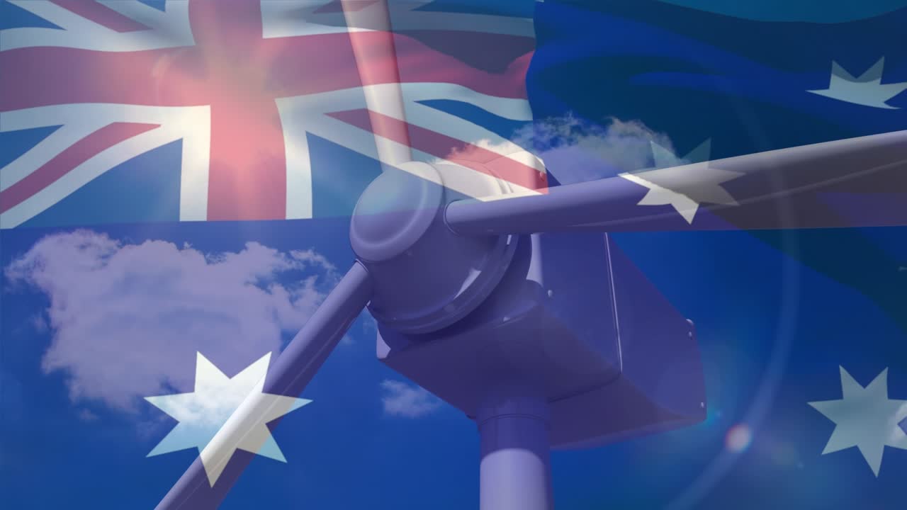 Animación de la bandera de Australia sobre una turbina eólica.