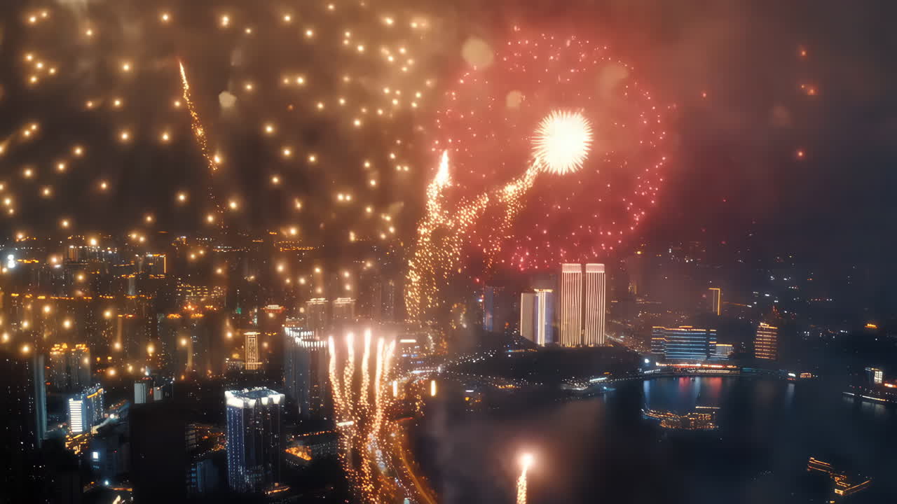 fuegos artificiales sobre la ciudad por la noche