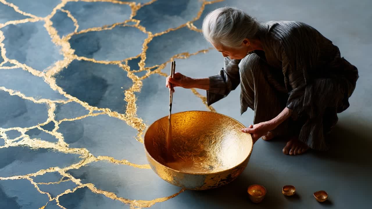 An elderly artisan delicately applies gold to a textured surface, enhancing a beautiful design that showcases the intricate details and timeless elegance of craftsmanship