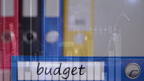 Animation:-Das-In-Die-Datei-Geschriebene-Wort-„Budget“-über-Der-Börsenanzeige-Im-Hintergrund
