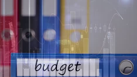 animation the word budget written on file over of stock market display in the background