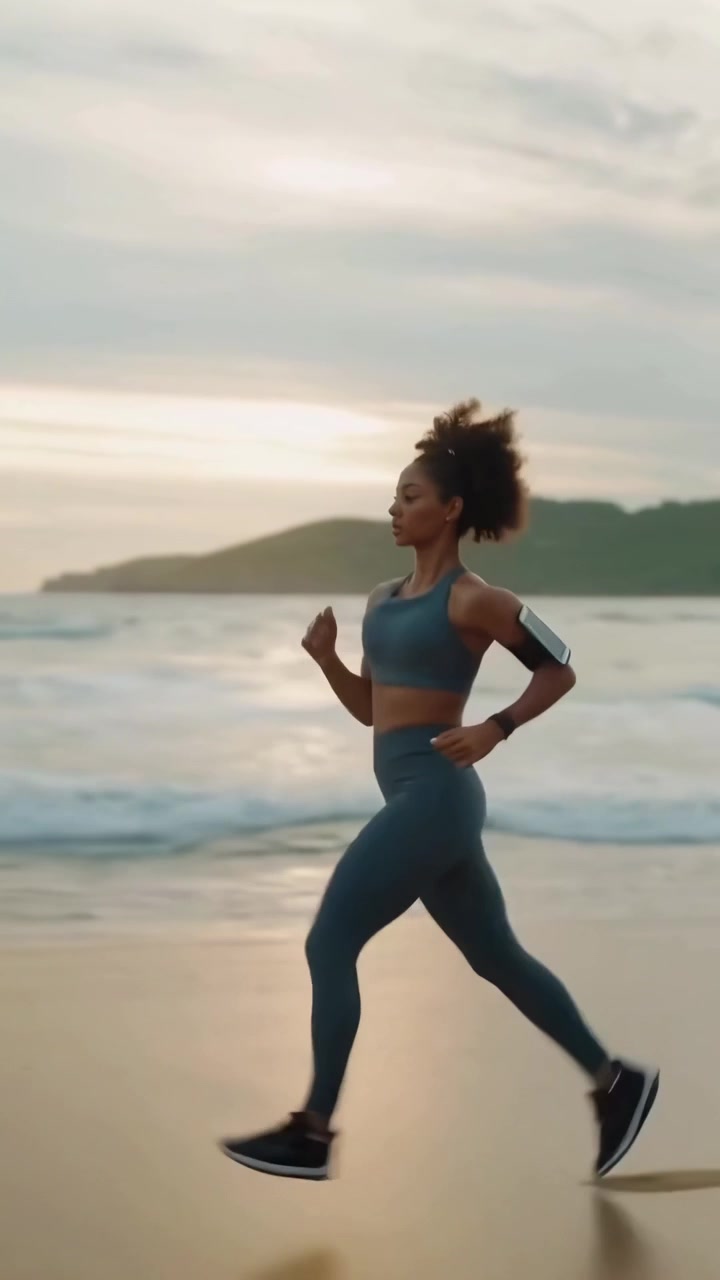 Donna in forma che fa jogging lungo la costa oceanica al tramonto