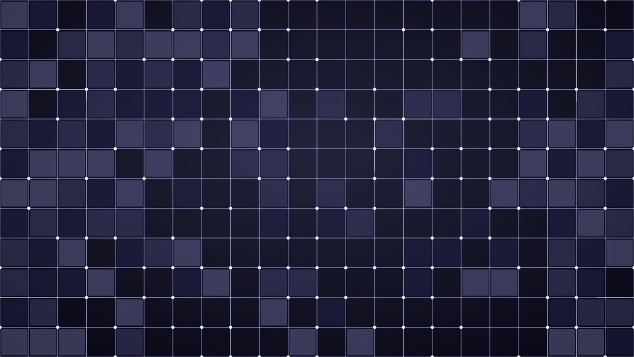 geometric grid of blinking dark purple tiles and glowing pulsating white intersection nodes, digital background animation