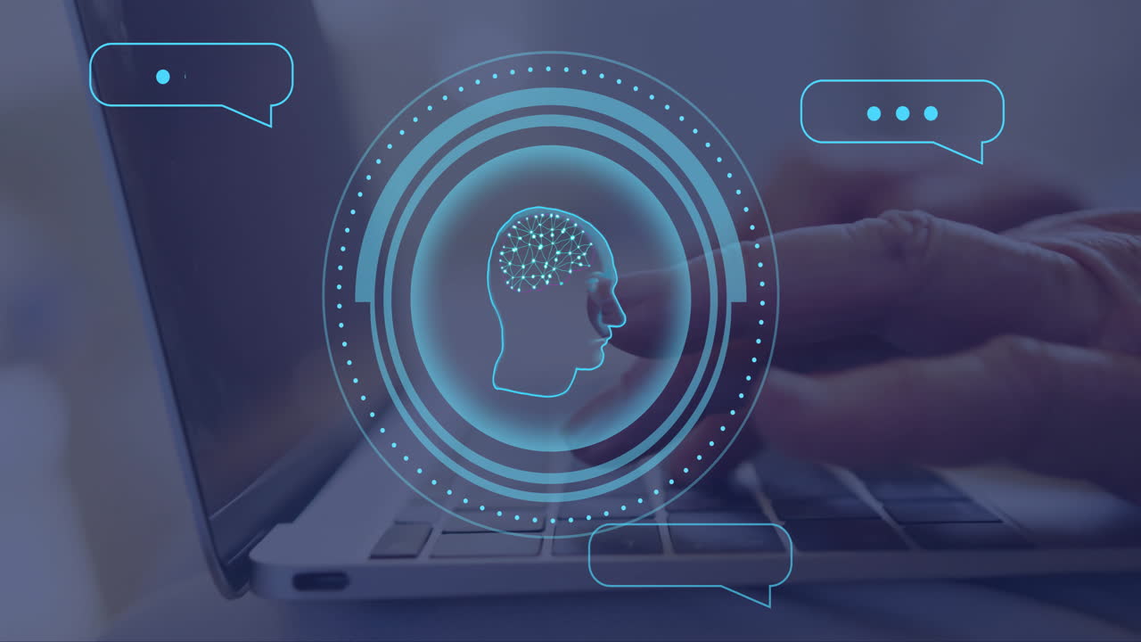 Animazione di cervello AI ed elaborazione dati su un uomo caucasico che digita al computer