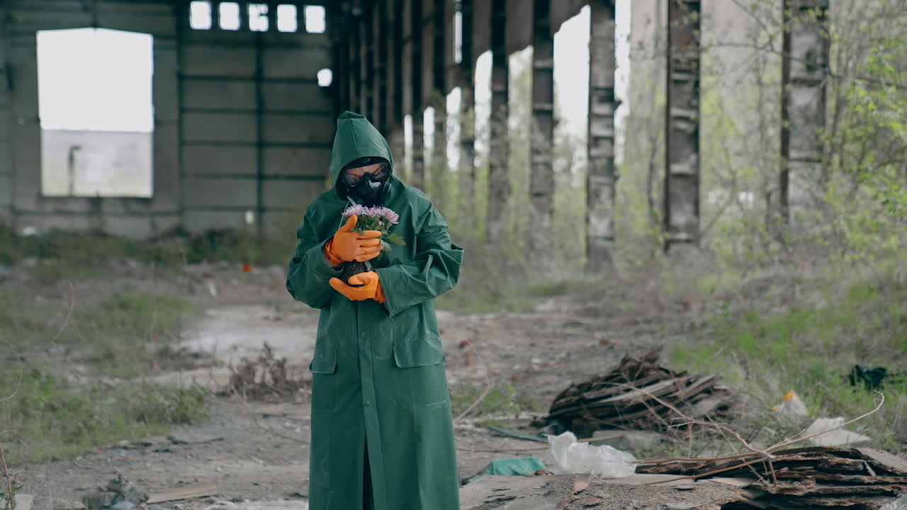 Man in protective uniform and gas mask. Post apocalyptic character with a gun standing in abandoned hangar