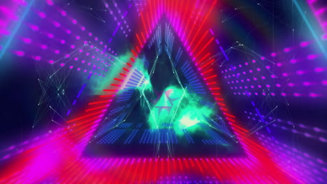 animation of neon triangle with vibrant lights and digital network connections