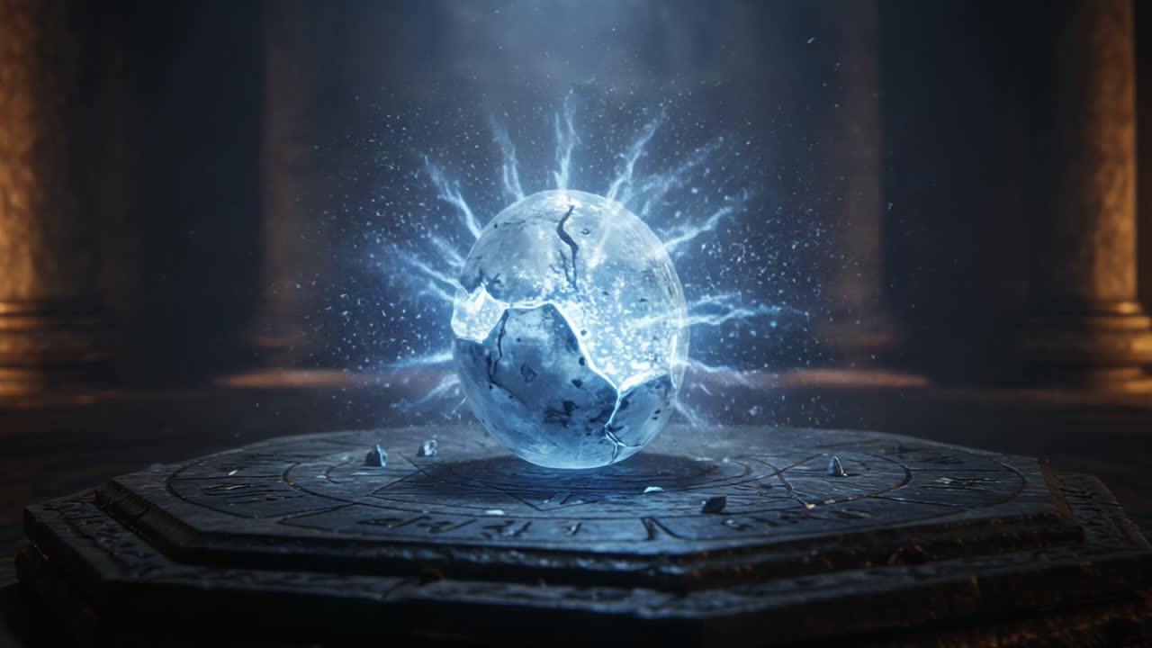 A mesmerizing crystal orb shatters with a stunning electric display in a captivating mystical setting, revealing energy surging through its cracks, creating spellbinding visual effects
