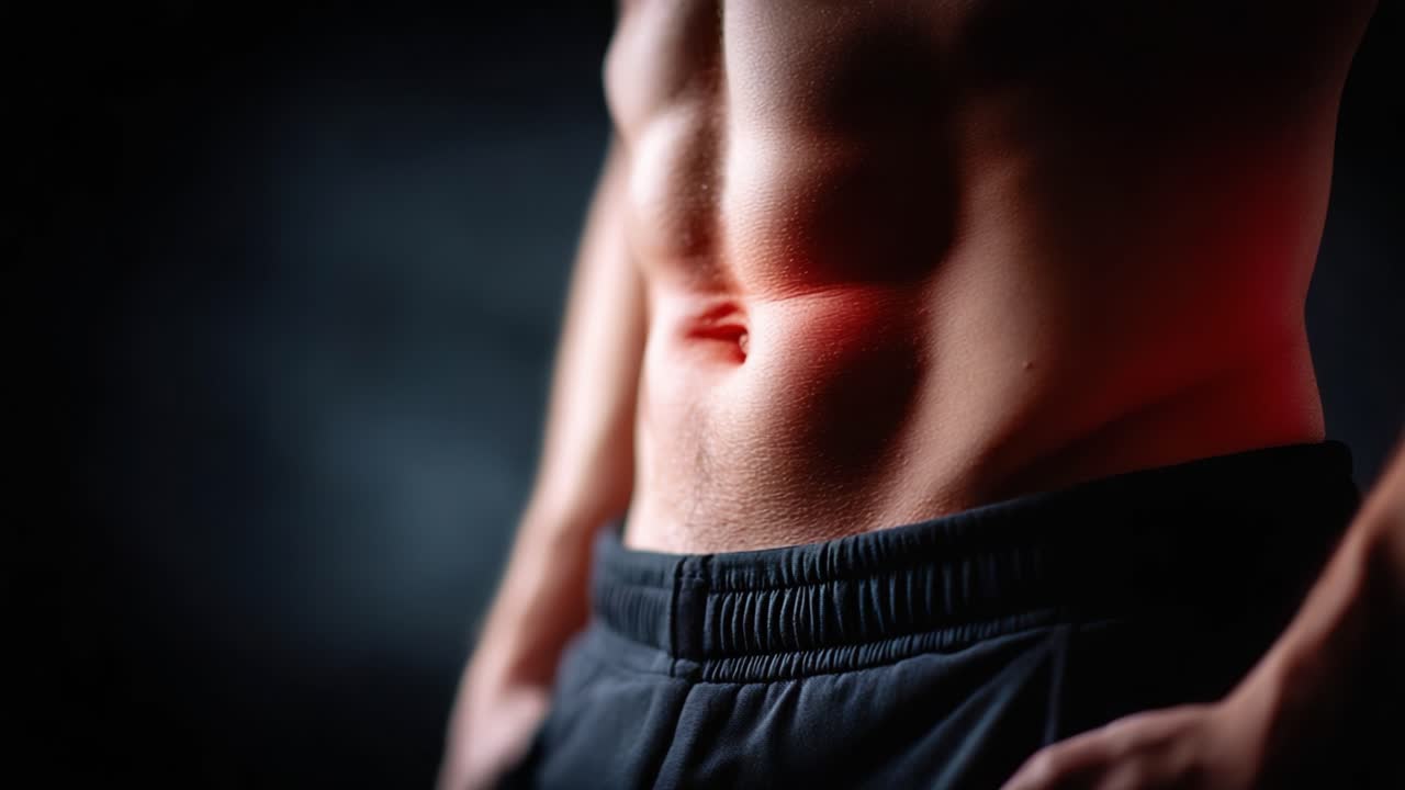 A Striking Close-Up of Well-Defined Abdominal Muscles Highlighting Fitness and Strength in Dramatic Lighting