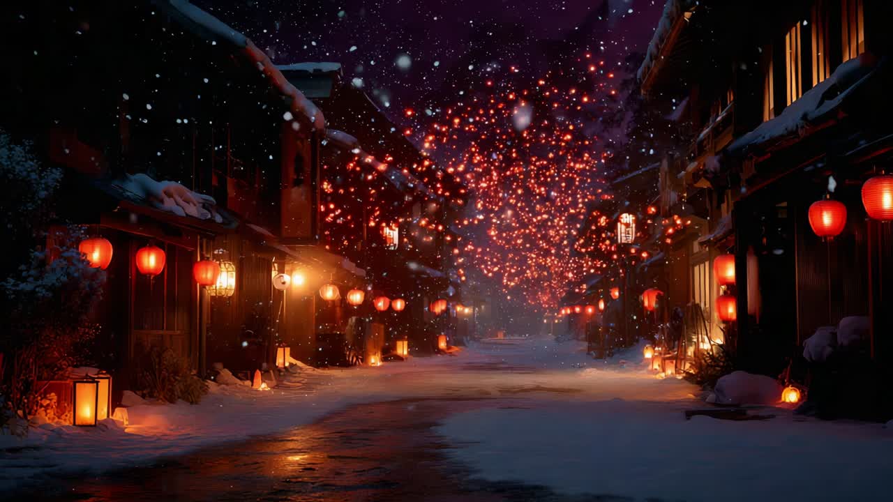 A Serene Winter Night in an Enchanted Lantern-Lit Street, Where Glowing Red Lanterns Illuminating a Tranquil Path Lead to a Magical Atmosphere Filled with Floating Lights and Softly Falling Snowflakes