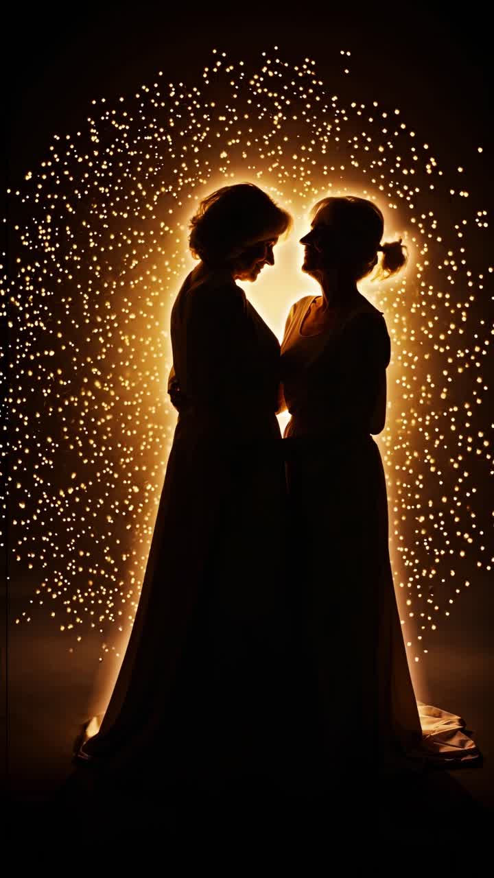 Two elderly women are embracing, their silhouettes outlined against a backdrop of warm, glowing bokeh, creating a touching and intimate scene of love and connection in old age