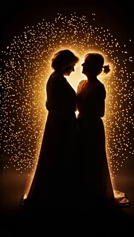 Two elderly women are embracing, their silhouettes outlined against a backdrop of warm, glowing bokeh, creating a touching and intimate scene of love and connection in old age
