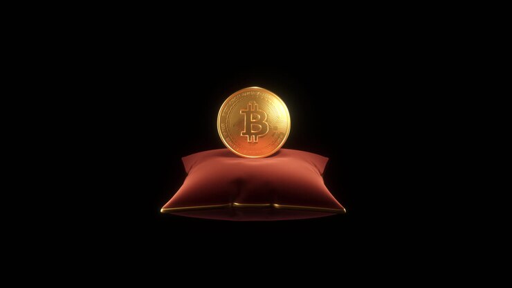 bitcoin su un cuscino rosso, che ruota a semicerchio