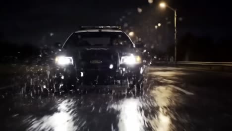 a high-speed pursuit unfolds on a wet highway at night, with a police vehicle closely trailing a fleeing car through puddles reflecting lights.