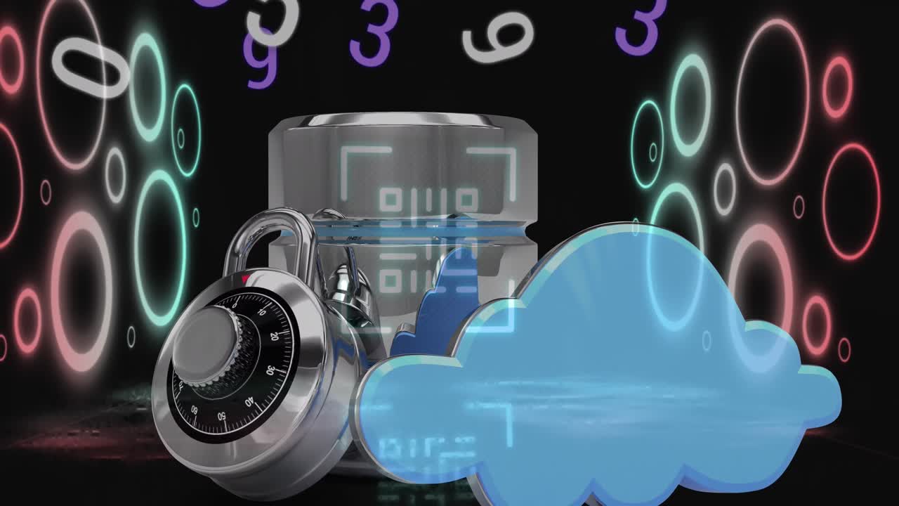 검은색 배경의 락 위에 qr 코드로 데이터 처리의 애니메이션.