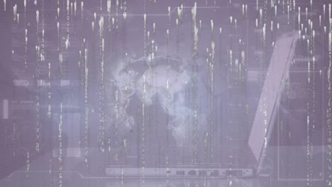 animation of data processing with globe and laptop over purple background
