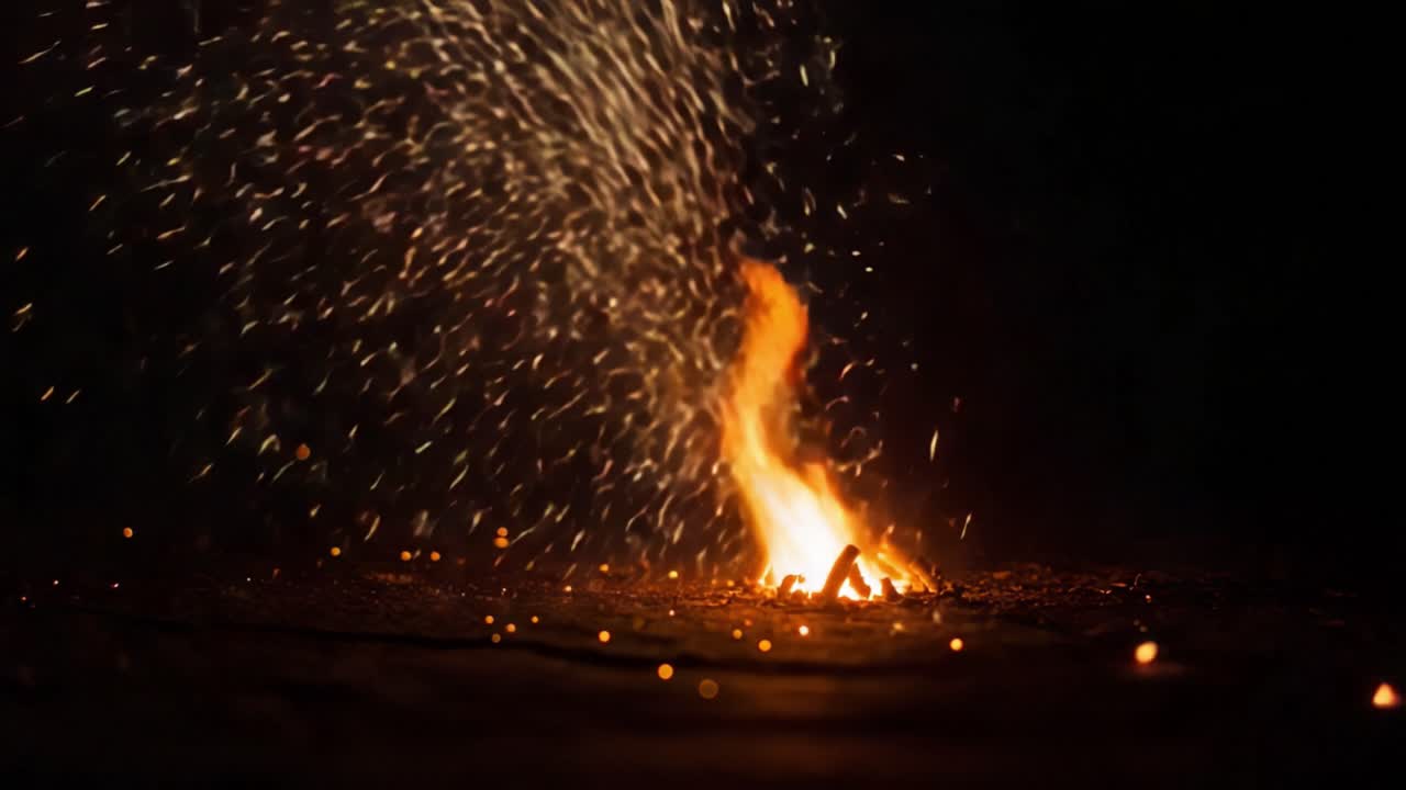 A mesmerizing display of vibrant sparks emanating from a crackling fire, illuminating the dark surroundings with a warm glow and dynamic movement of fiery particles