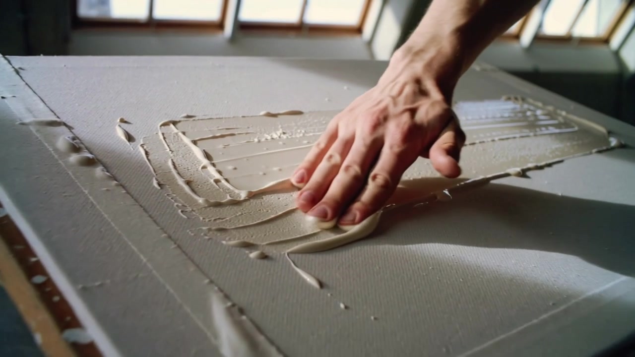 Smoothing right hand touching paste, spreading across canvas on table, creating textured surface