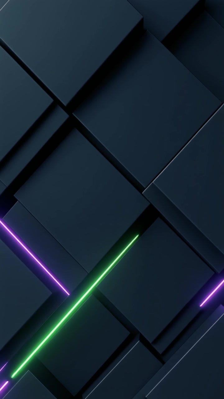 Futuristic Abstract Background with Moving Neon Light Lines on Dark Cubes