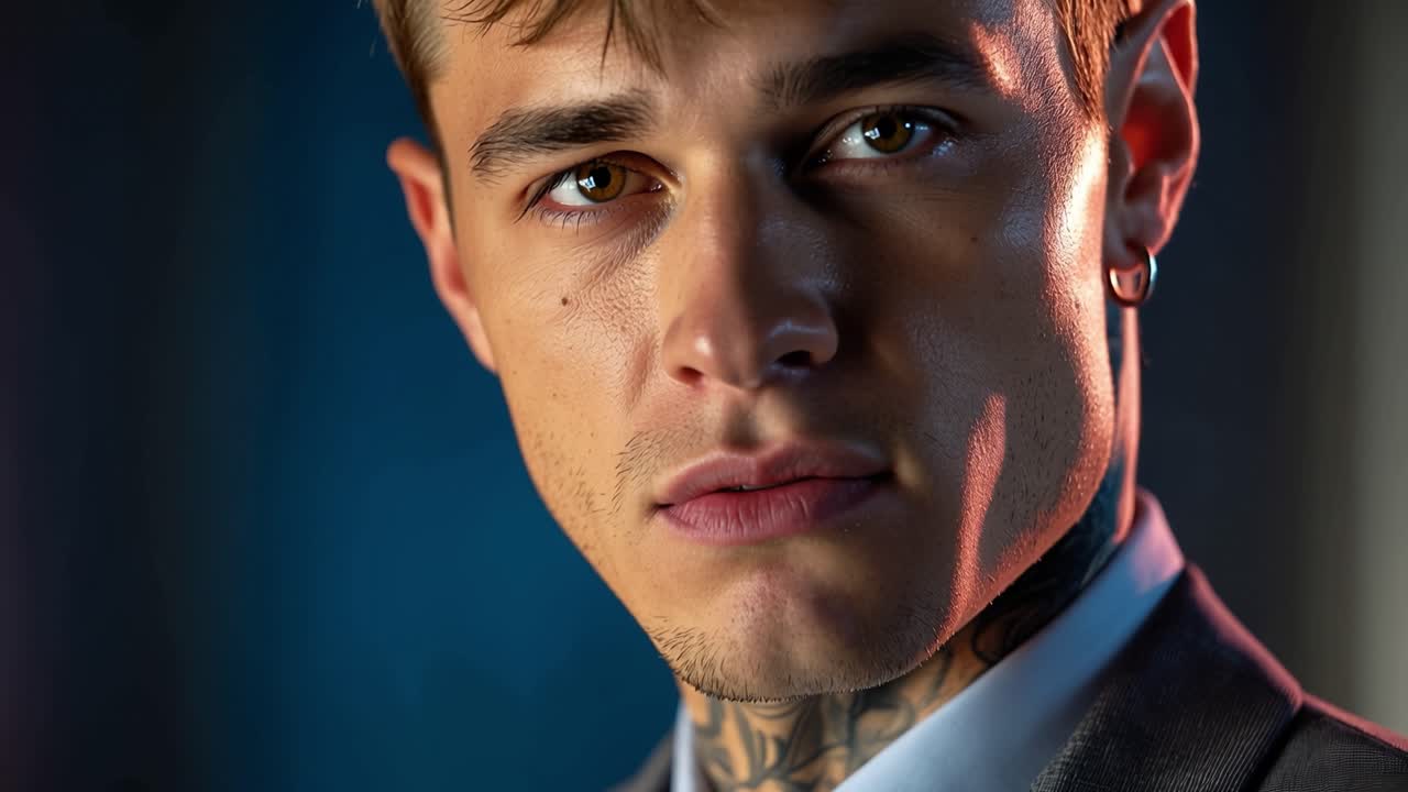 Giovane uomo in abito, tatuaggi visibili, espressione seria. L'illuminazione elegante ne mette in risalto i lineamenti e i tatuaggi sul collo. Scatto di profilo alla moda, sfondo scuro, atmosfera moderna. Ideale per moda, musica.