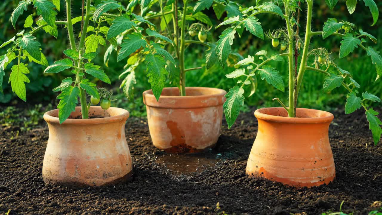 Tomato Plants in Clay Pots