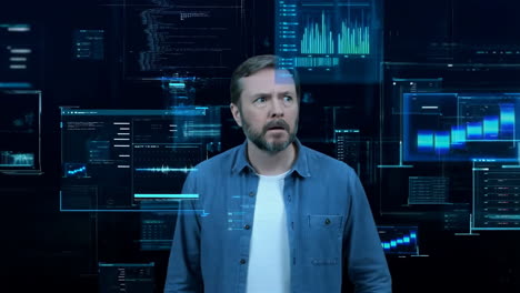 man reacting to complex digital data and ai interface