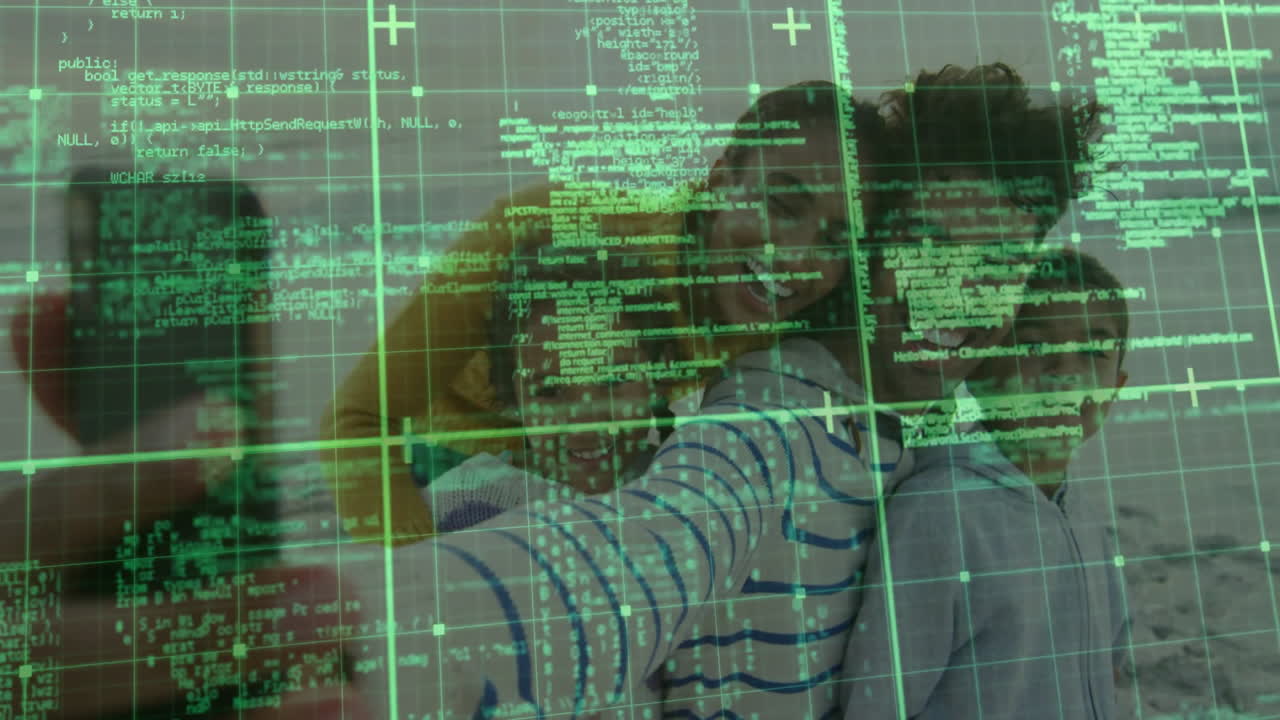 Group of friends taking selfie over digital coding and data processing animation