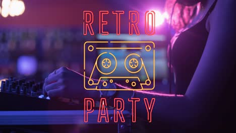 Animation-of-retro-party-text-over-female-dj-in-the-club