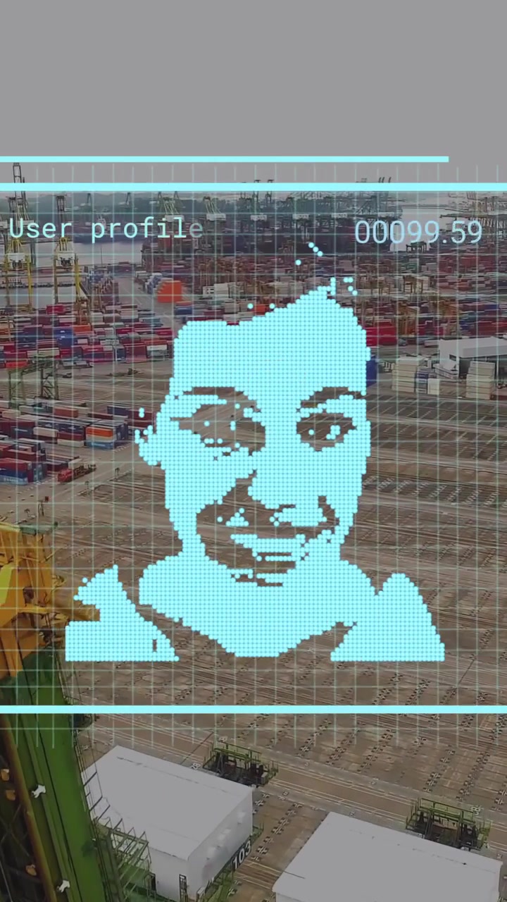 Animation of data processing with portraits over container port