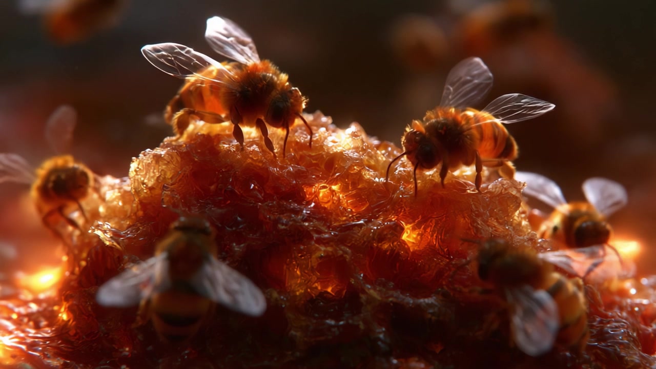A mesmerizing close-up view of bees bustling around a golden, glistening mass of honey, showcasing the intricate details of their delicate wings and the rich, amber substance.
