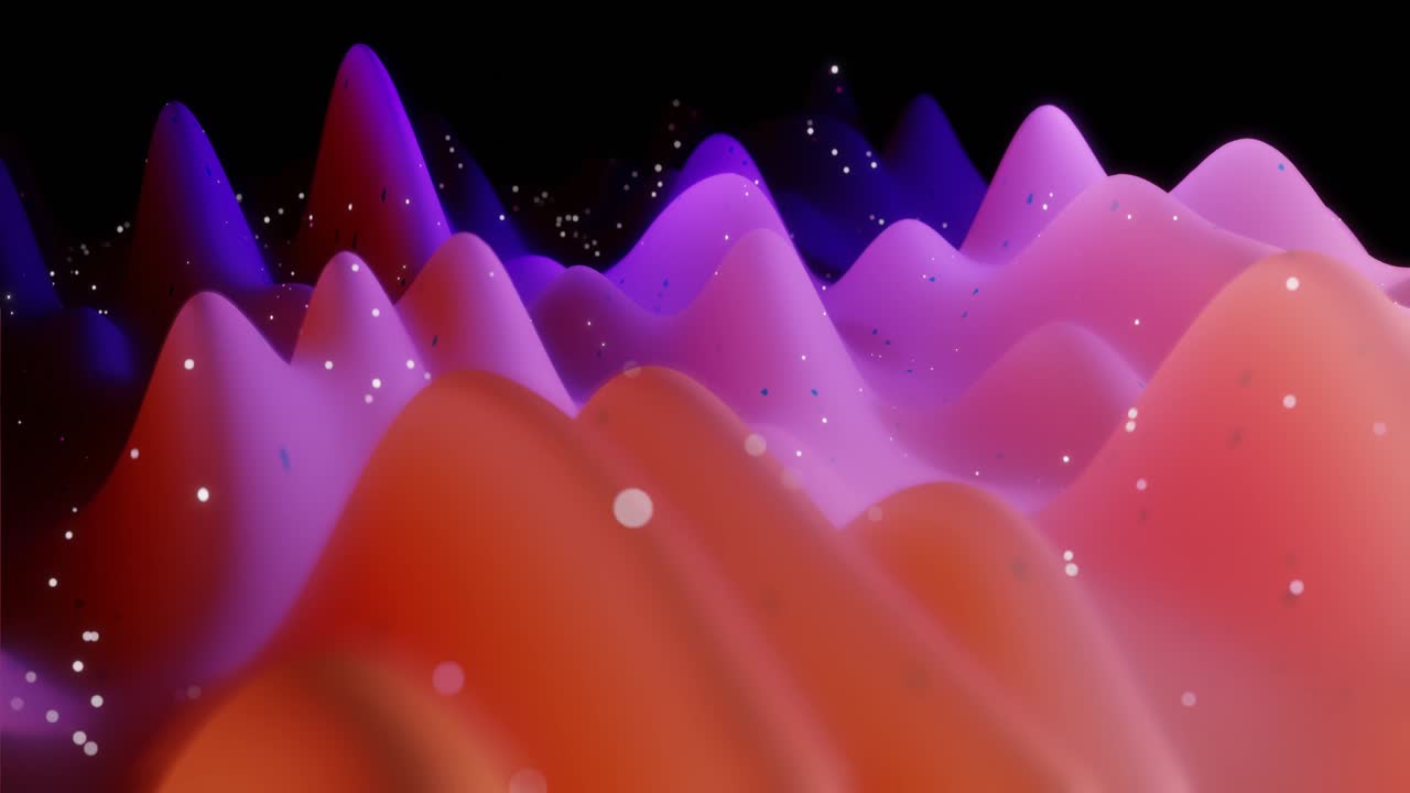 Abstract 3D surface with beautiful waves, luminous sparkles and bright color gradient, colors of rainbow. Waves run on matte surface with glow glitter. 4k looped animation