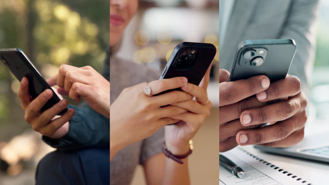Close Up of Hands Using Smartphones in a Split Screen Collage