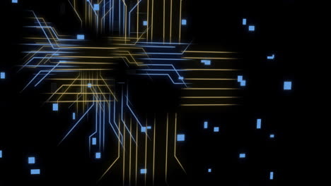 animation of circuit board with data processing over black background