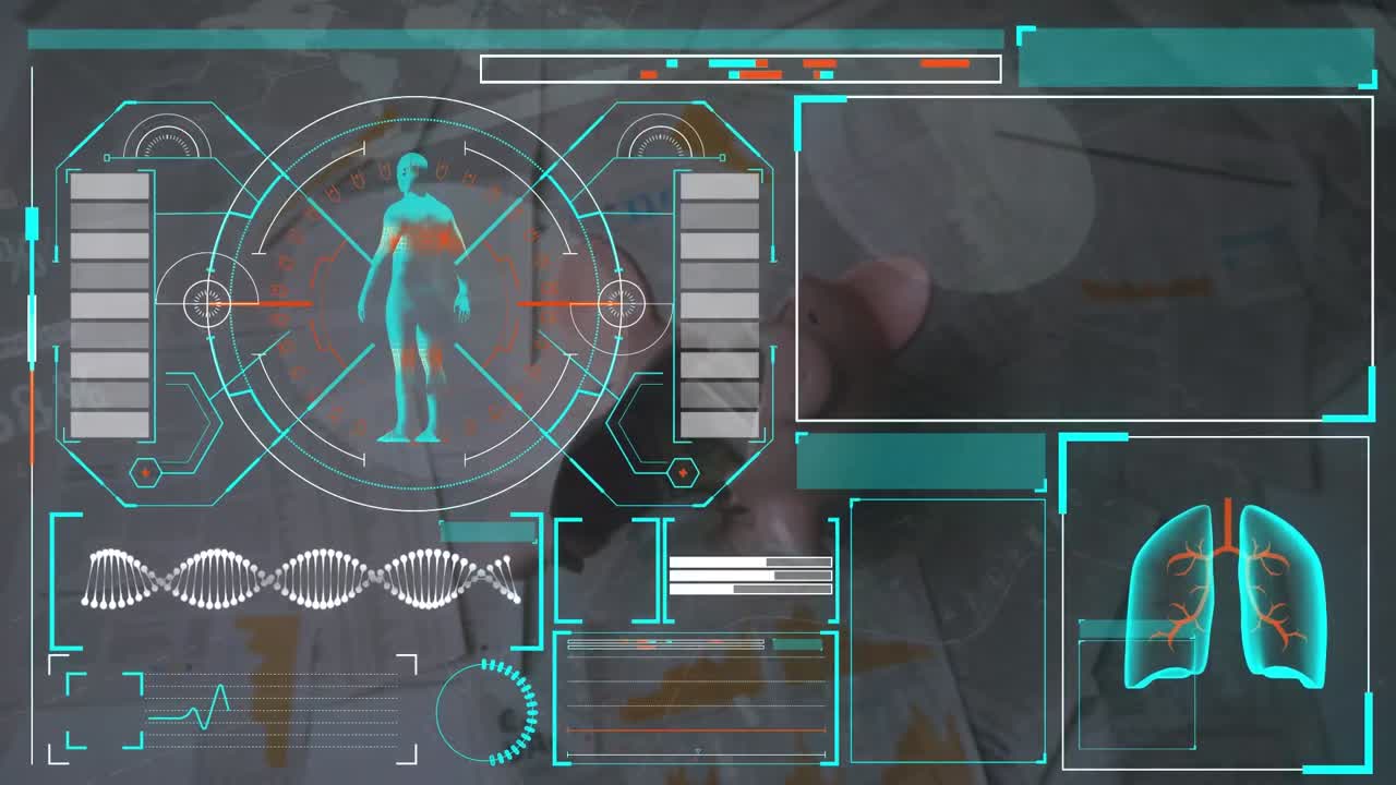 Animation of digital interface with medical data processing over piggy bank falling and breaking
