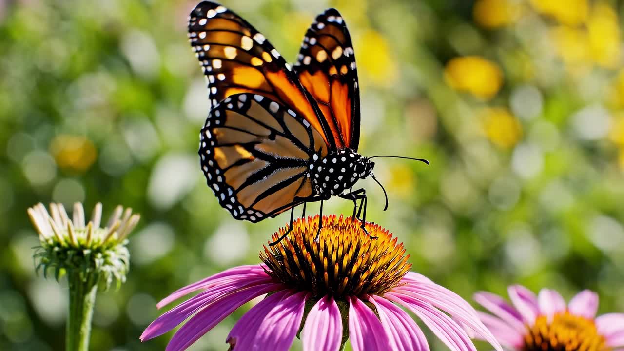 Video in primo piano di una farfalla su un fiore, ripreso da un'angolazione laterale con colori vivaci.