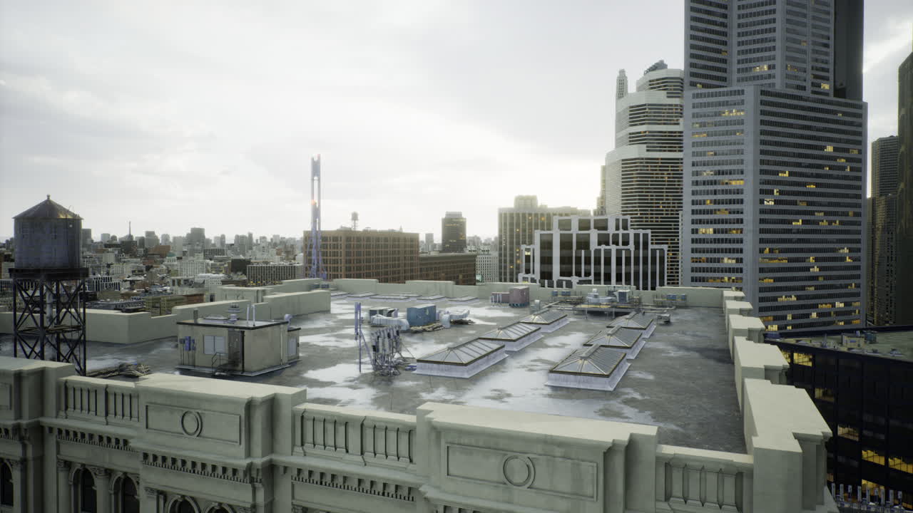 Urban skyline with buildings water tank and rooftop details at sunset