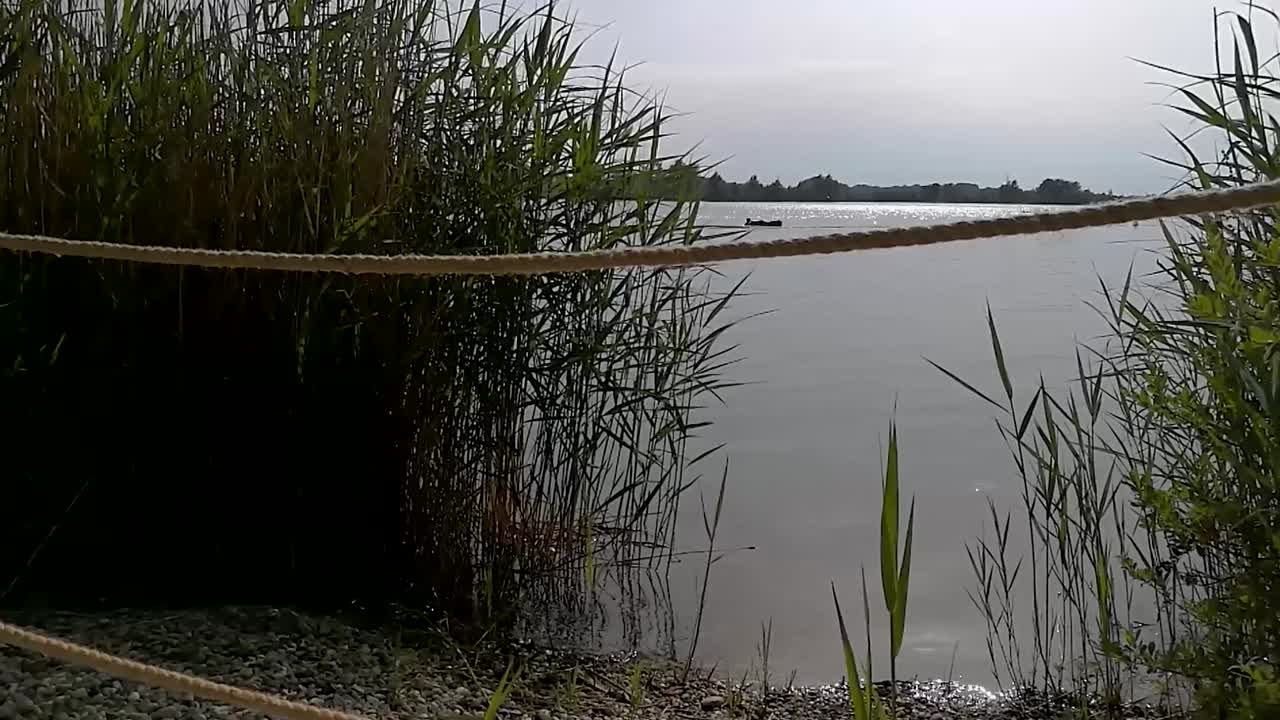 멀리서 배를 타고 항해하는 사람들과 평화로운 호숫가