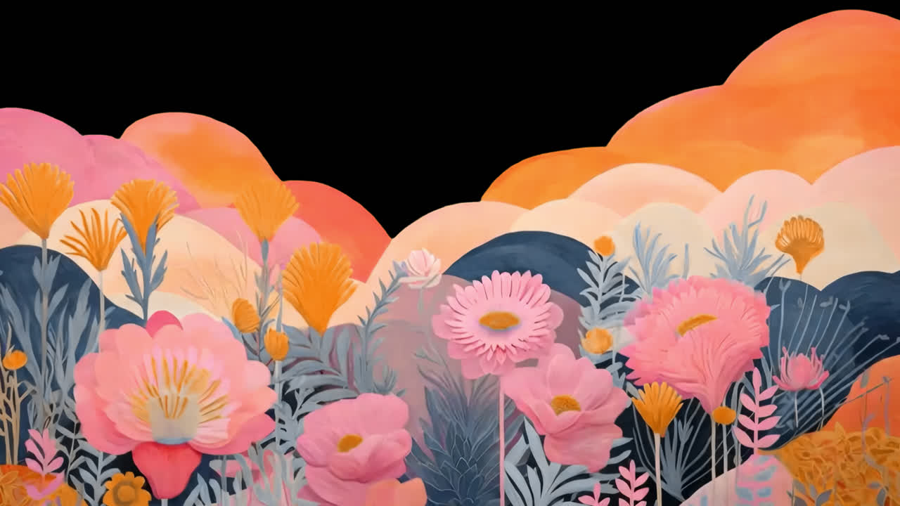 Vibrant abstract floral landscape animated overlay, transparent 4K video, alpha channel, ProRes 4444