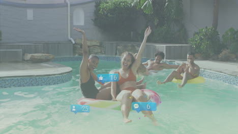 people relaxing in pool with social media notifications overlay animation
