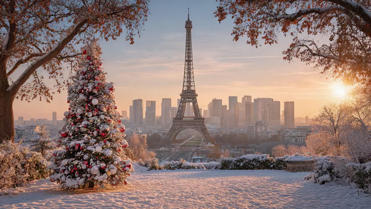 Incantevole serata invernale nella Città delle Luci: una scena serena con la Torre Eiffel circondata da un albero di Natale festoso e un paesaggio innevato al tramonto