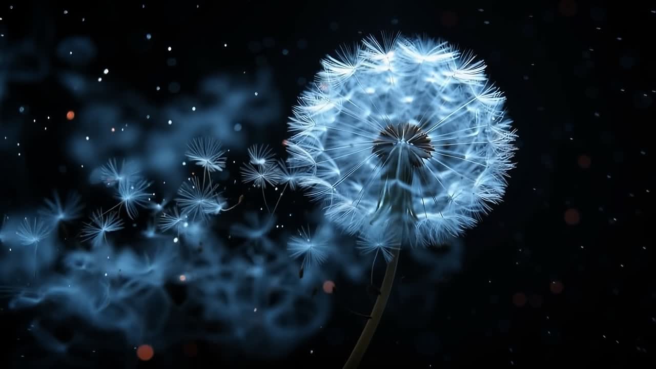 Dandelion seeds dispersing in the night. A dandelion puff sends seeds into the cool night air, creating a magical atmosphere against a dark backdrop.