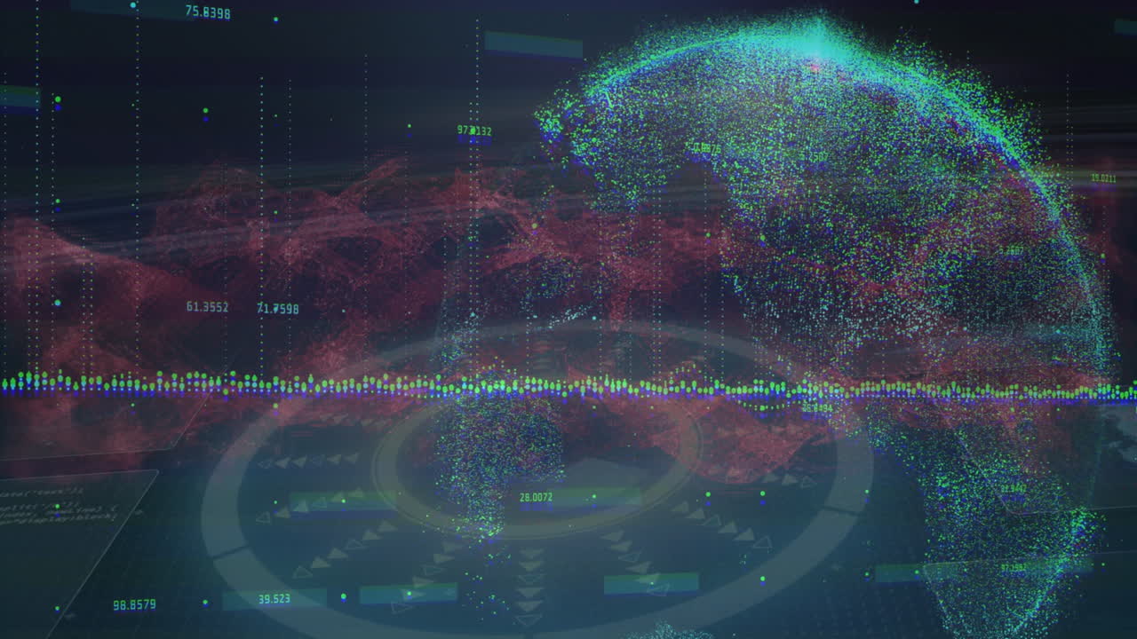 Digital globe with data points and graphs over abstract network animation