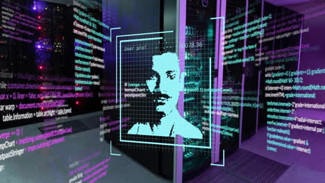 Animation-of-diverse-profile-scans,-data-and-security-warnings-over-computer-server-room