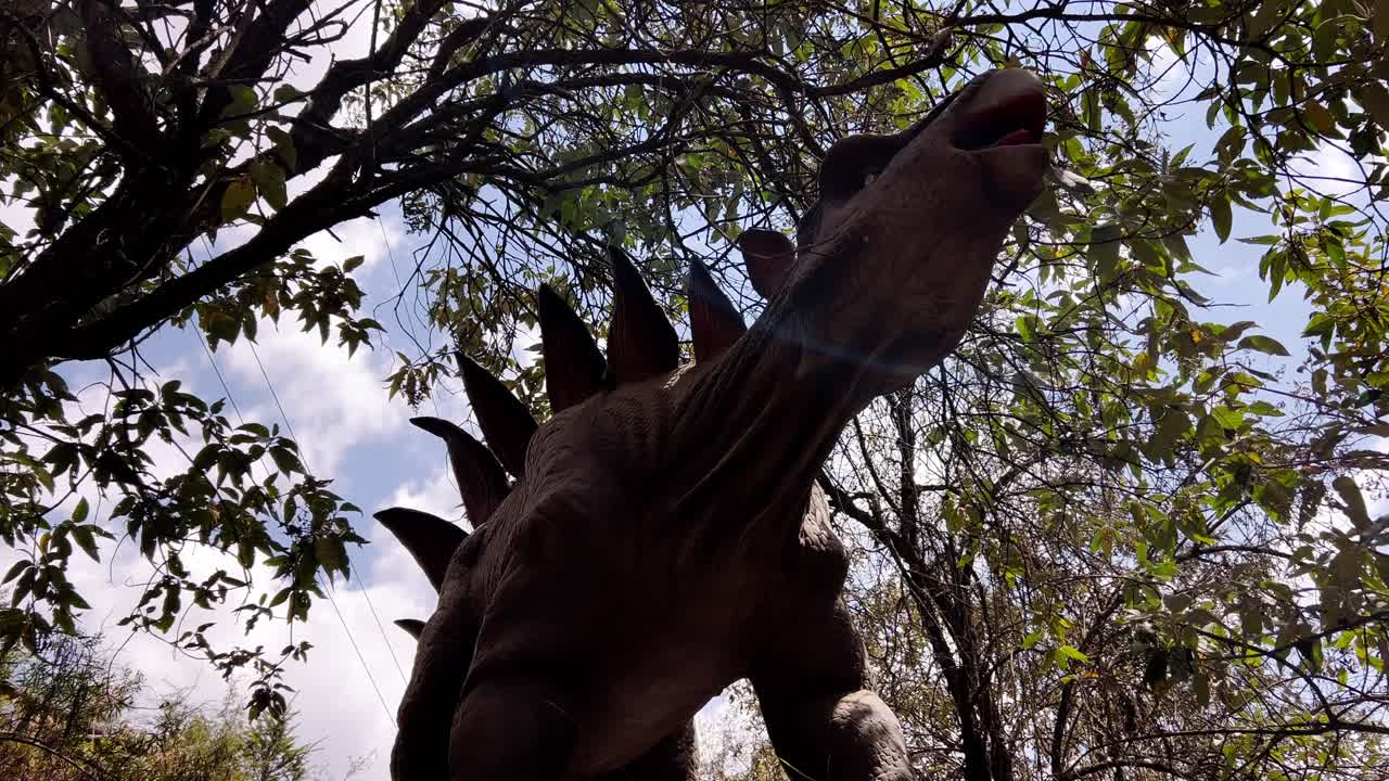 Outline of dinosaur huayangosaur figure against blue sky and tops tree in amusement park wooded area, viewed from below
