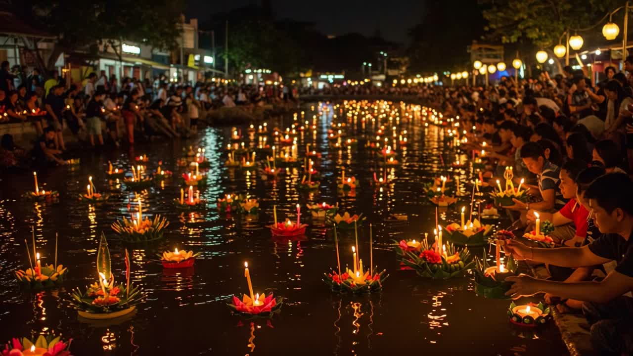 Una Noche Serena Junto al Río: Gente se Reúne para Celebrar con Farolillos Flotantes y Flores Reflejándose en el Agua, Creando una Atmósfera Mágica Bajo las Estrellas