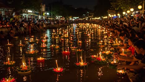 a serene night by the river: people gather to celebrate with floating lanterns and flowers reflecting in the water, creating a magical atmosphere under the stars