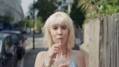 slow motion portrait of happy beautiful caucasian woman drinking juice